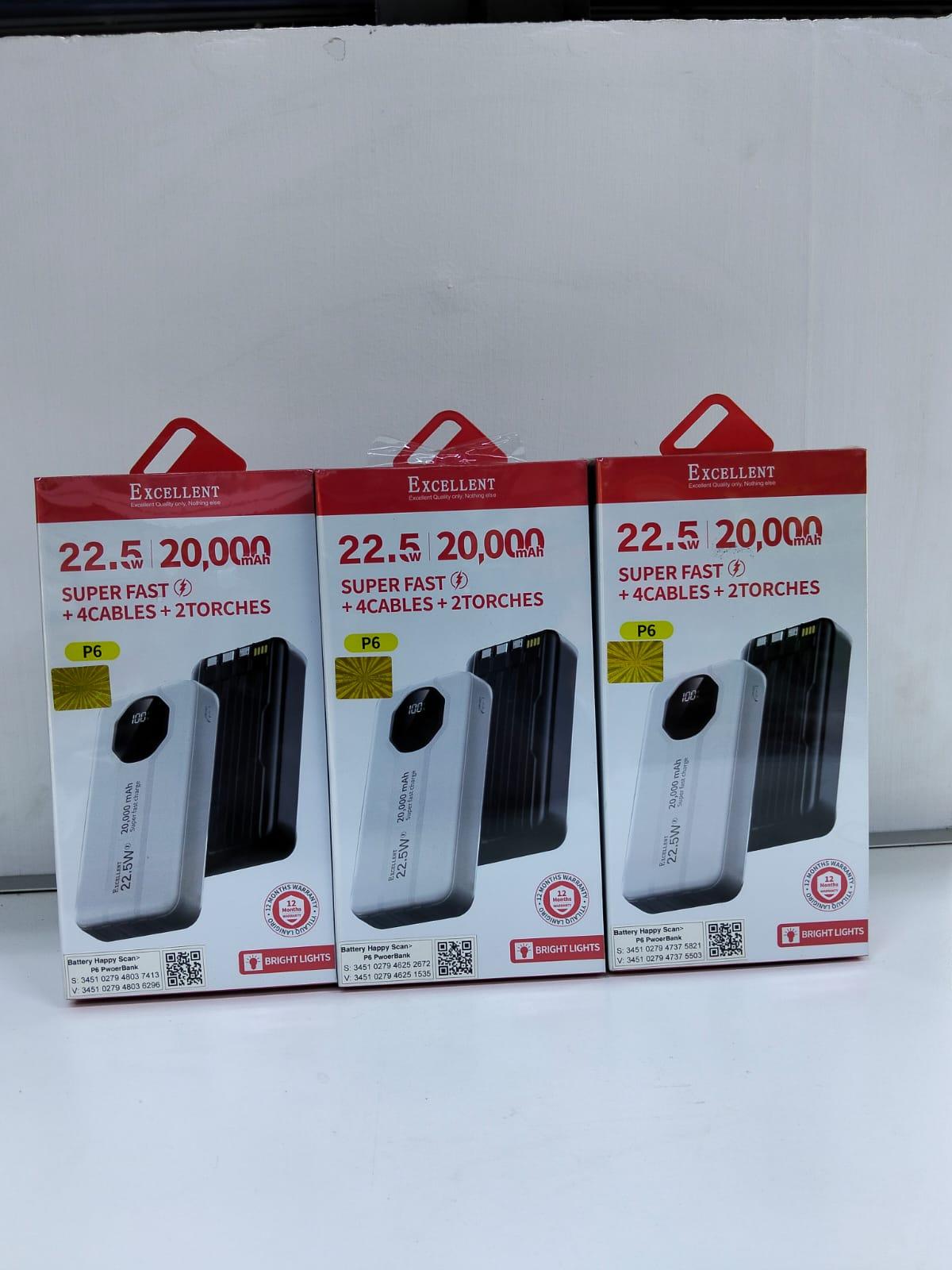 Excellent P6 20,000mAh Power Bank - 22.5W Fast Charging, Black
