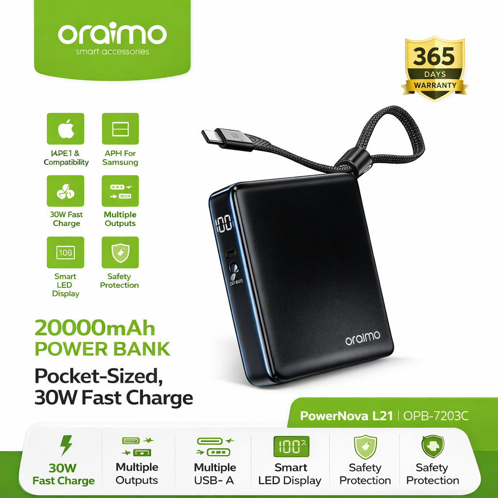 20000mAh Power Bank (PowerNova L21) – 30W Fast Charging, Pocket Size