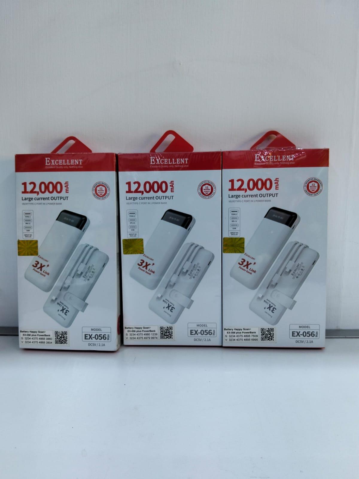 Excellent EX-056 Power Bank 12000mAh with 3 Built-in Cables - Black