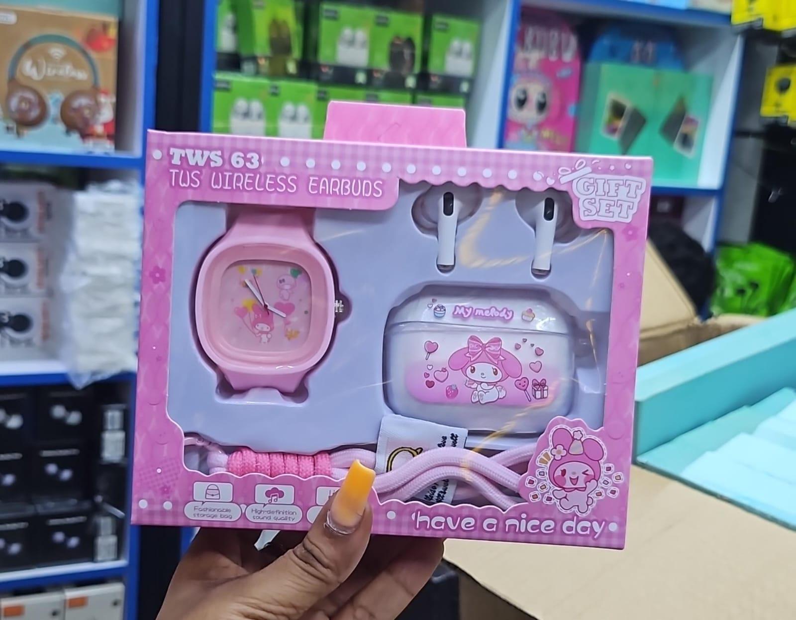 TWS 63 Wireless Earbuds - Pink Cartoon Watch Gift Set