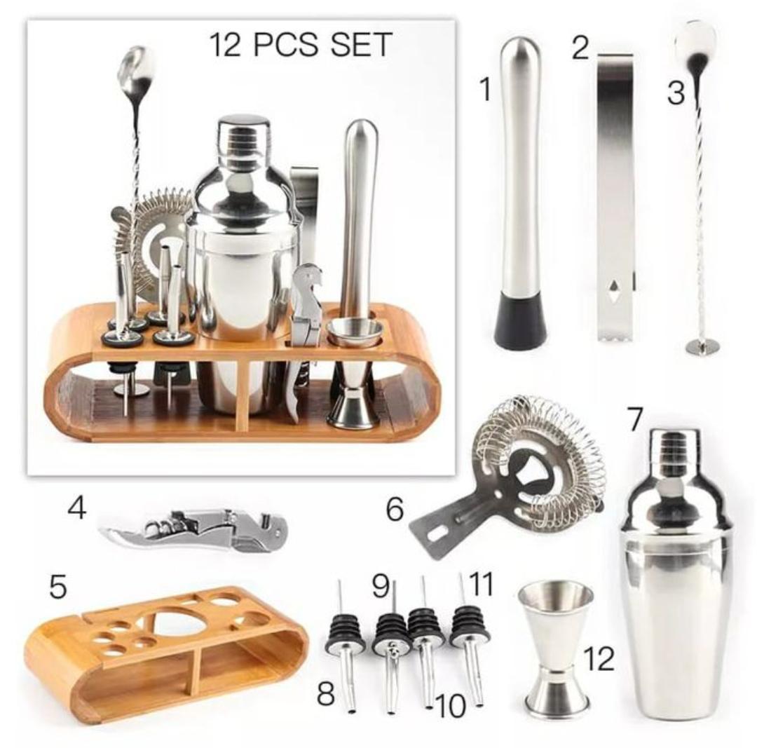12PCS Cocktail Shaker Set with Wooden Stand