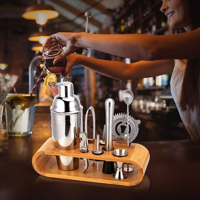Cocktail Shaker Set with Stylish Bamboo Stand – 12pcs Bartender Kit