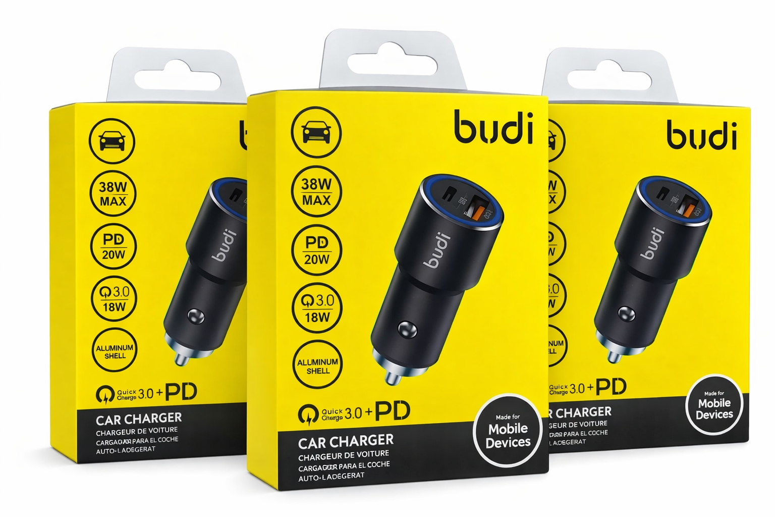 Budi 38W Fast Car Charger - Dual USB, QC3.0, PD 20W, Aluminum Shell